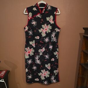dressbarn Black Floral Midi Dress with Red Accents
